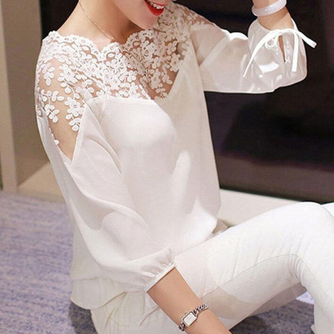 3 Sleeve Lace Hollow Casual Chiffon Blouse - Vianchi Natural Glam