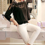 3 Sleeve Lace Hollow Casual Chiffon Blouse - Vianchi Natural Glam